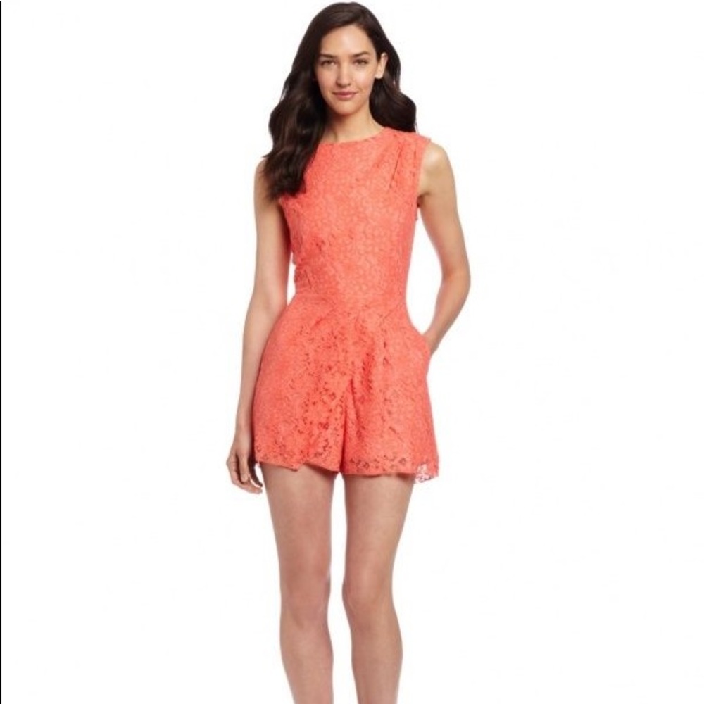 Coral Lace Romper Open Back with Pockets! NWT